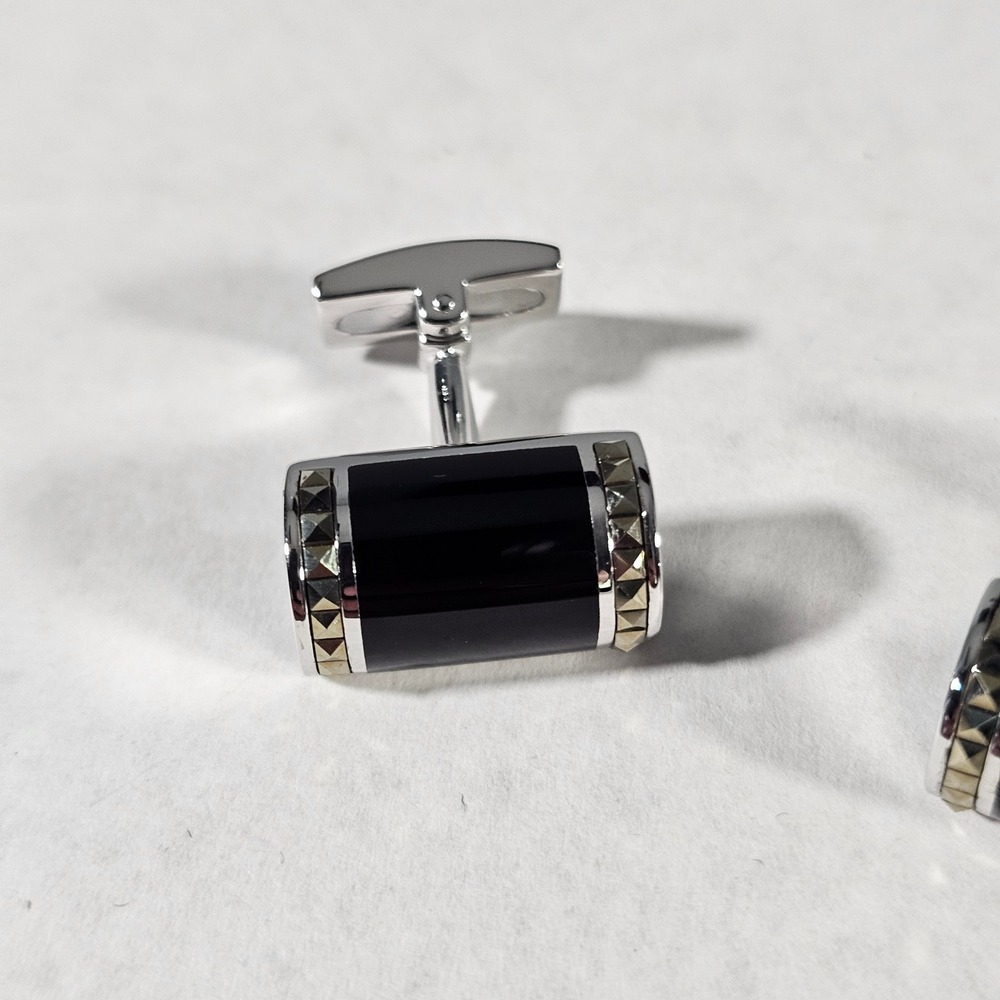 Jan Leslie Cufflinks Mens OS Black Onyx 925 Sterling Silver Pyramid‎ Stud Barrel - Picture 2 of 5